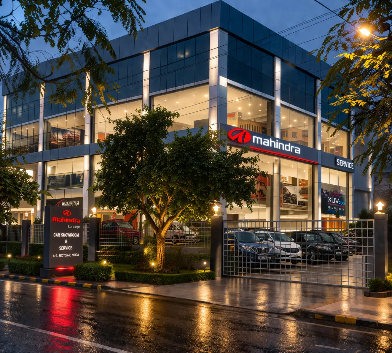 Modern Mahindra showroom at twilight (1)